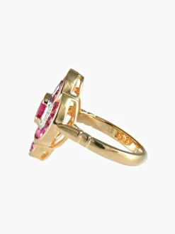 Bague fleur rubis ovale et brillant diamants or jaune