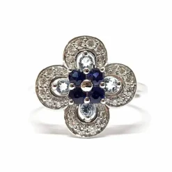 Bague fleur Saphirs, Aigue-Marine, Diamants