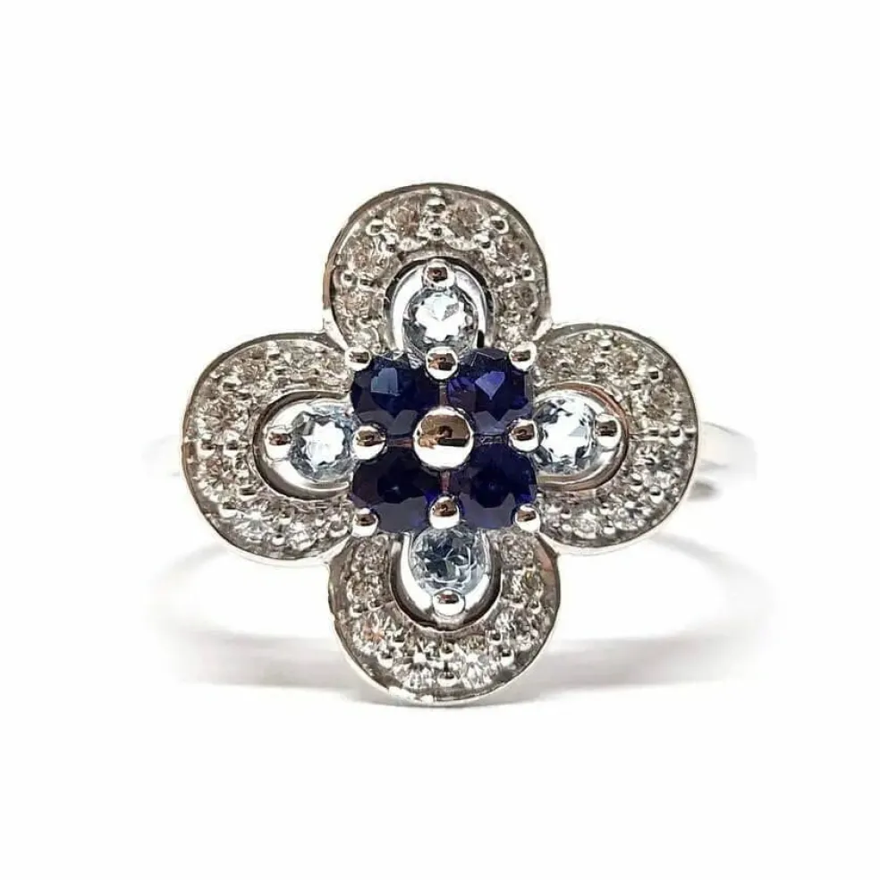 Bague fleur Saphirs, Aigue-Marine, Diamants