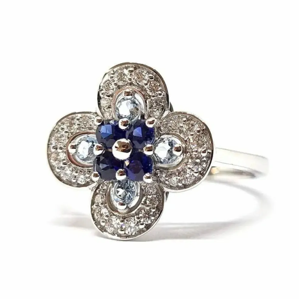 Bague fleur Saphirs, Aigue-Marine, Diamants
