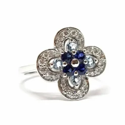 Bague fleur Saphirs, Aigue-Marine, Diamants
