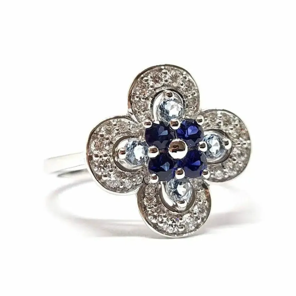 Bague fleur Saphirs, Aigue-Marine, Diamants
