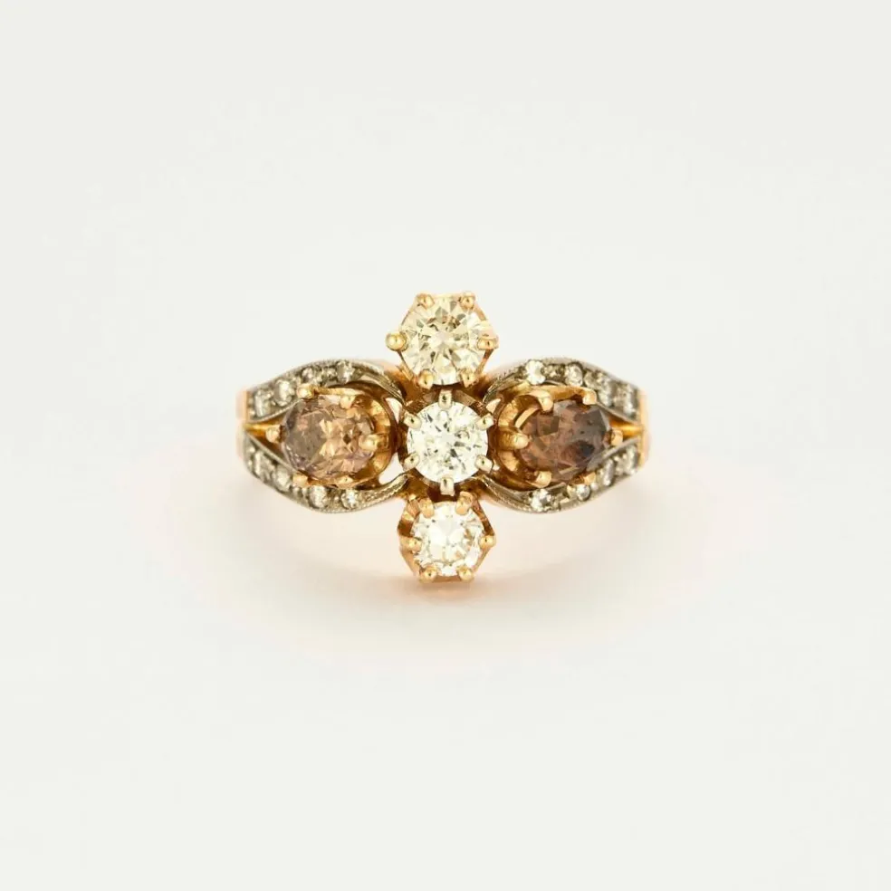 Bague fleur stylisée or jaune, diamants jaunes et bruns