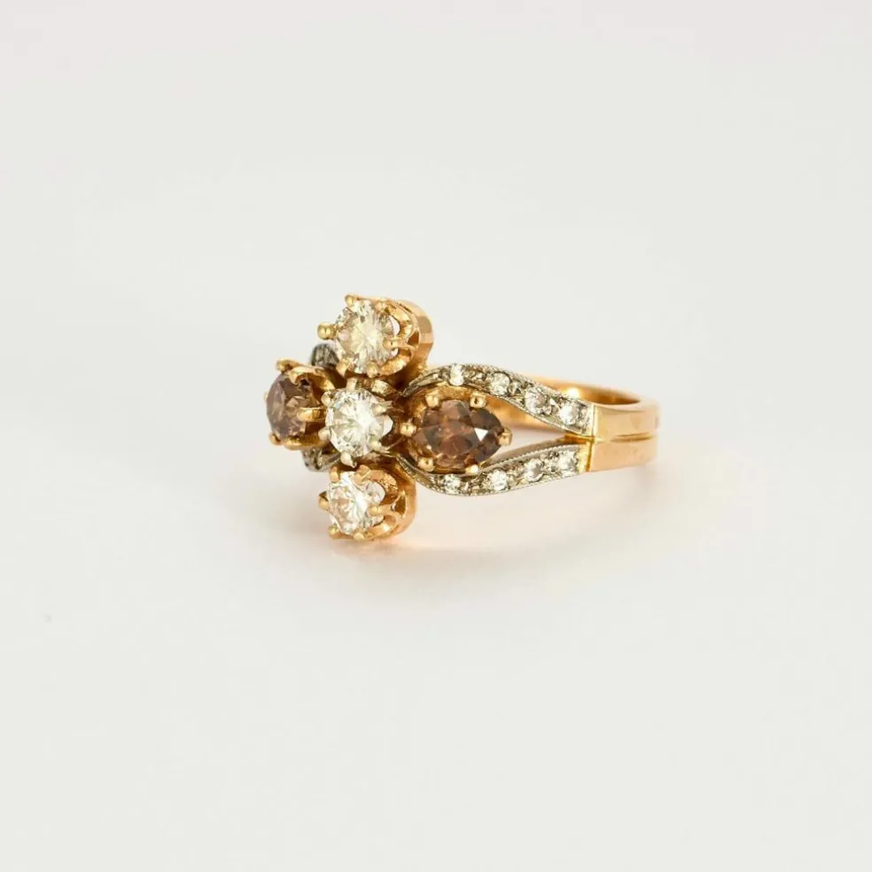 Bague fleur stylisée or jaune, diamants jaunes et bruns