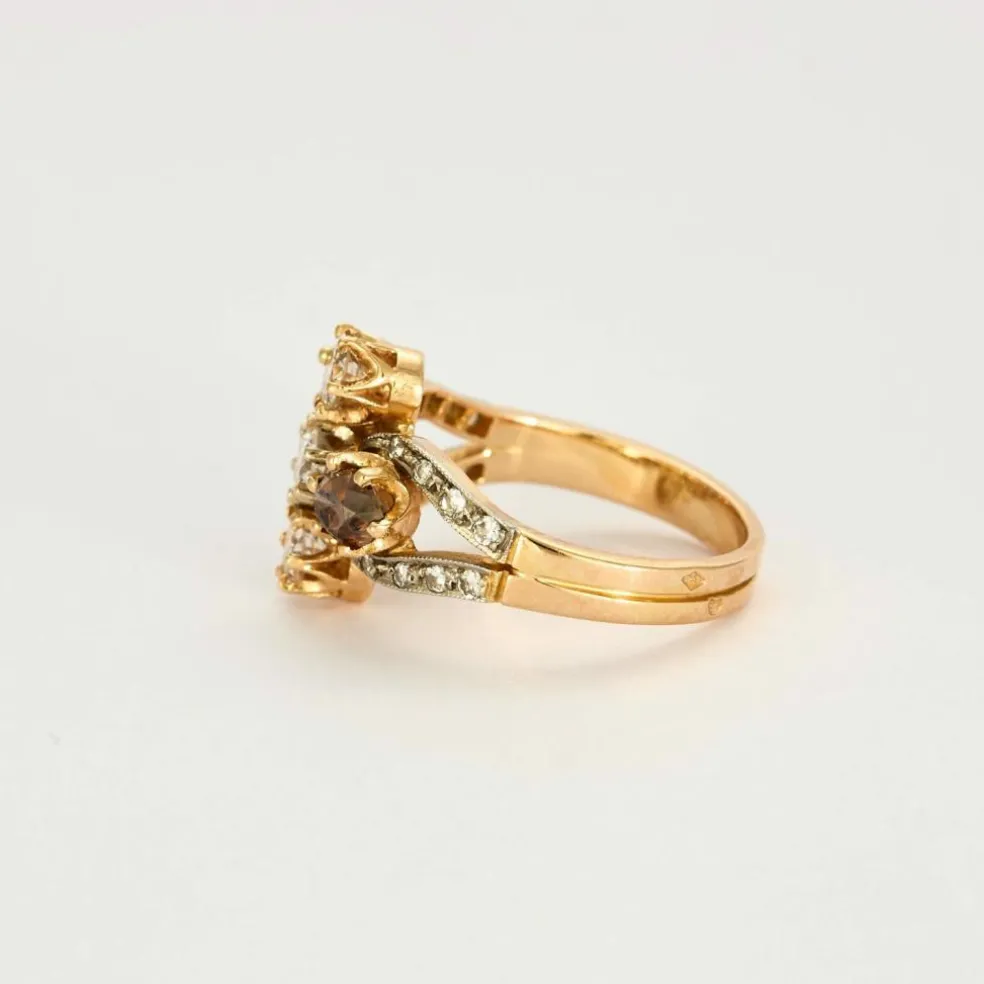 Bague fleur stylisée or jaune, diamants jaunes et bruns