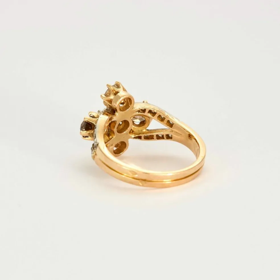 Bague fleur stylisée or jaune, diamants jaunes et bruns