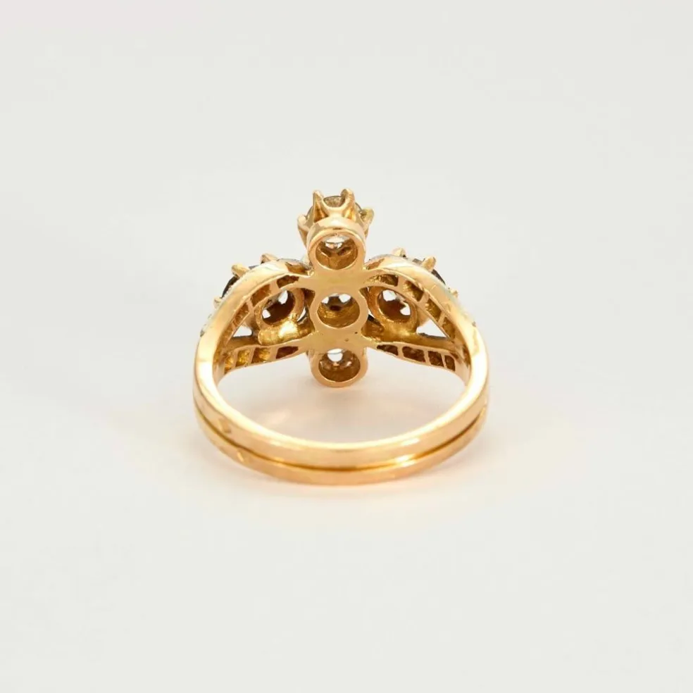 Bague fleur stylisée or jaune, diamants jaunes et bruns