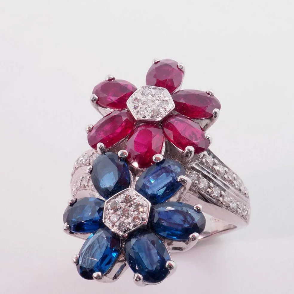 Bague Fleurs toi et moi saphir rubis
