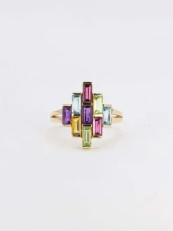 Bague géométrique or jaune améthyste topaze péridot citrine grenat