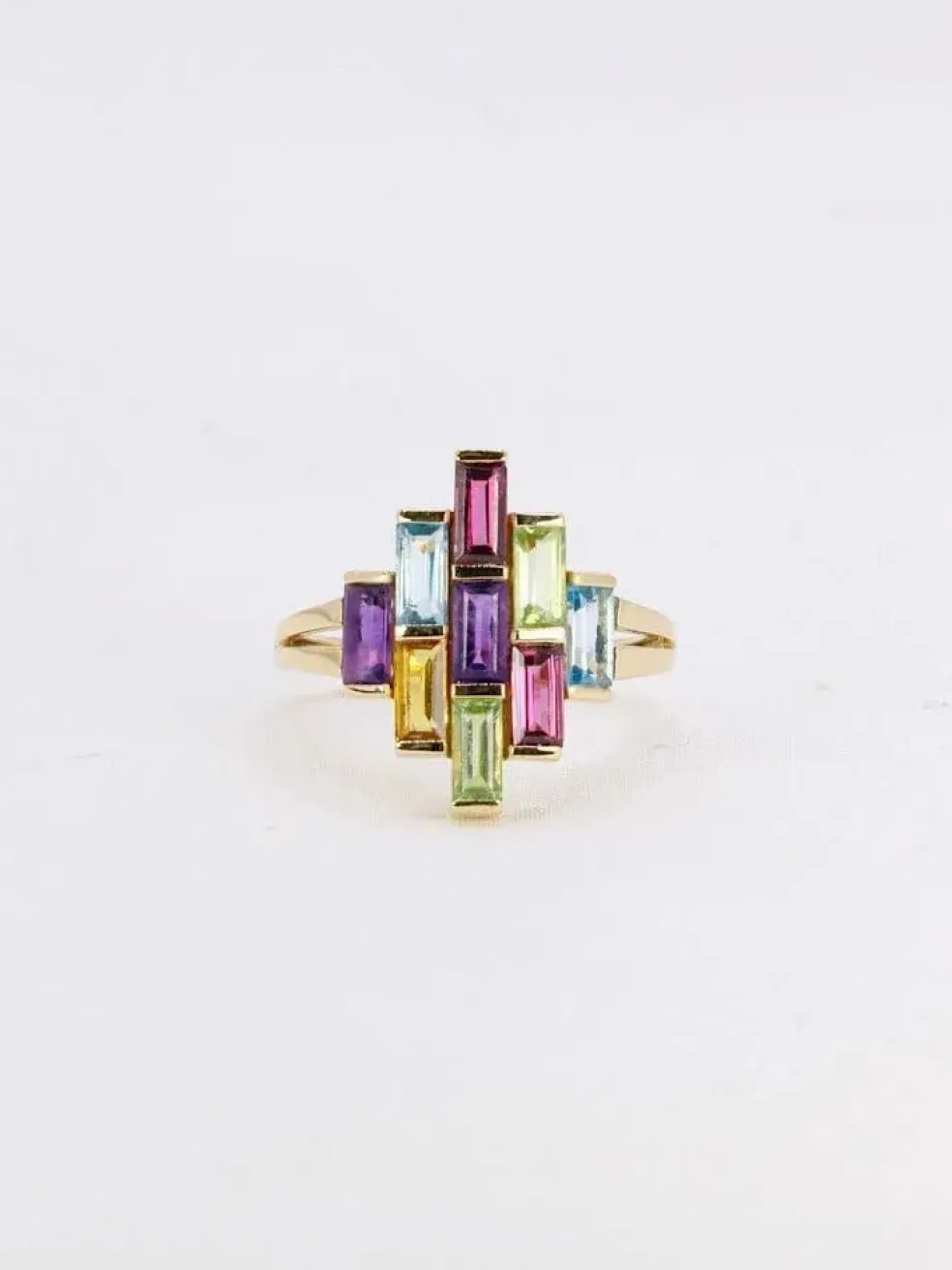 Bague géométrique or jaune améthyste topaze péridot citrine grenat