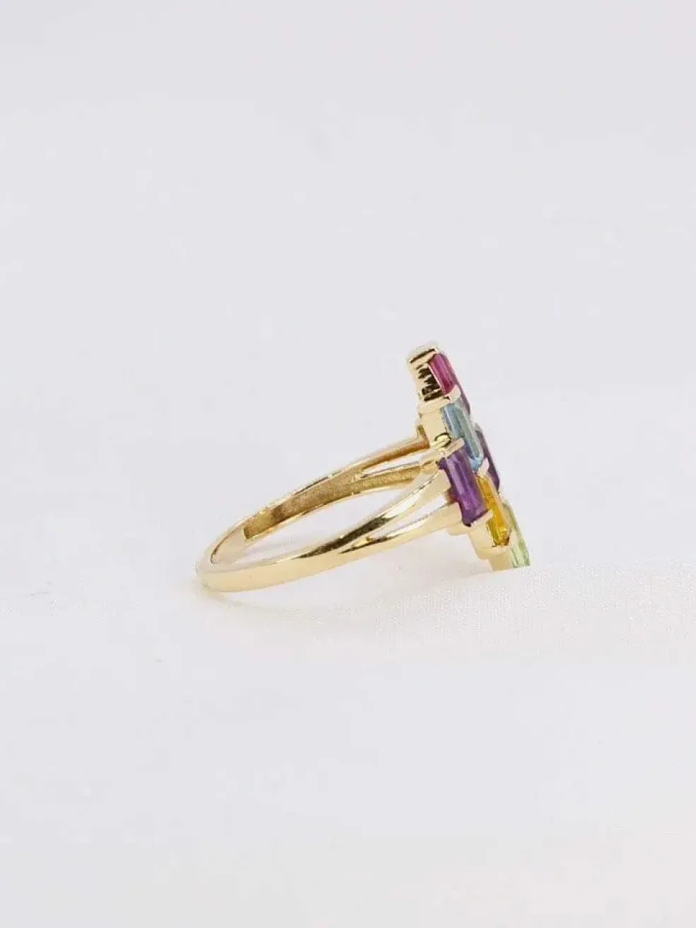 Bague géométrique or jaune améthyste topaze péridot citrine grenat