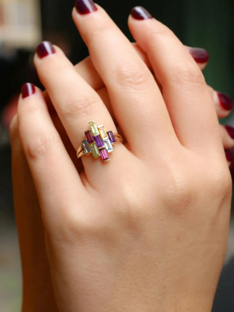 Bague géométrique or jaune améthyste topaze péridot citrine grenat