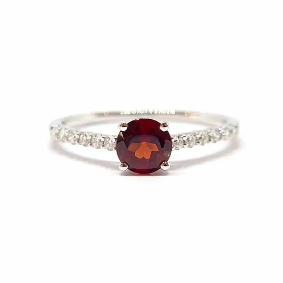 Bague grenat rond diamants or blanc