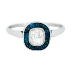 Bague halo en platine avec saphir et diamant