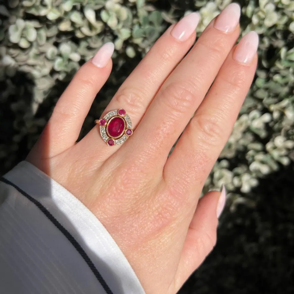 Bague Halo Rubis Birman Naturel et Diamants