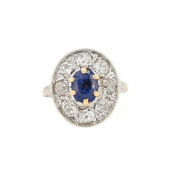 Bague Halo Vintage en Or jaune Saphir et Diamants