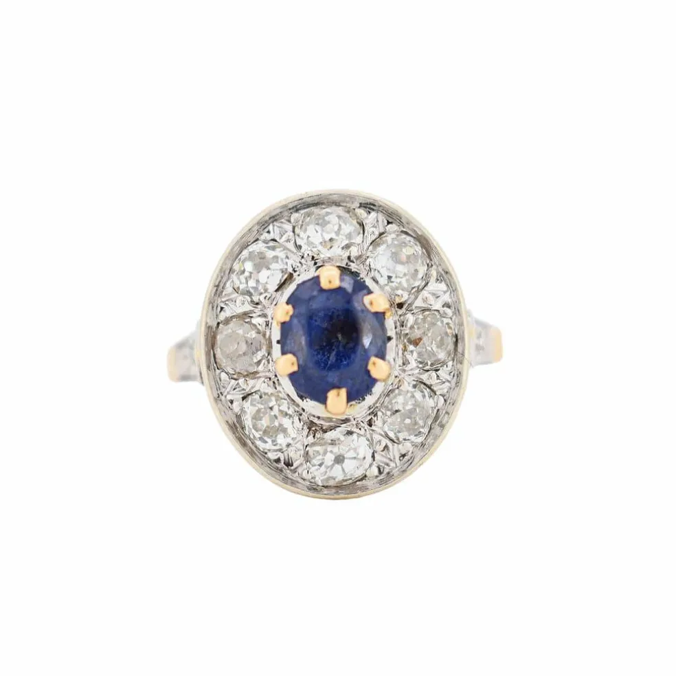 Bague Halo Vintage en Or jaune Saphir et Diamants