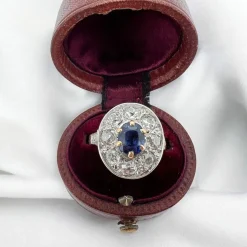 Bague Halo Vintage en Or jaune Saphir et Diamants