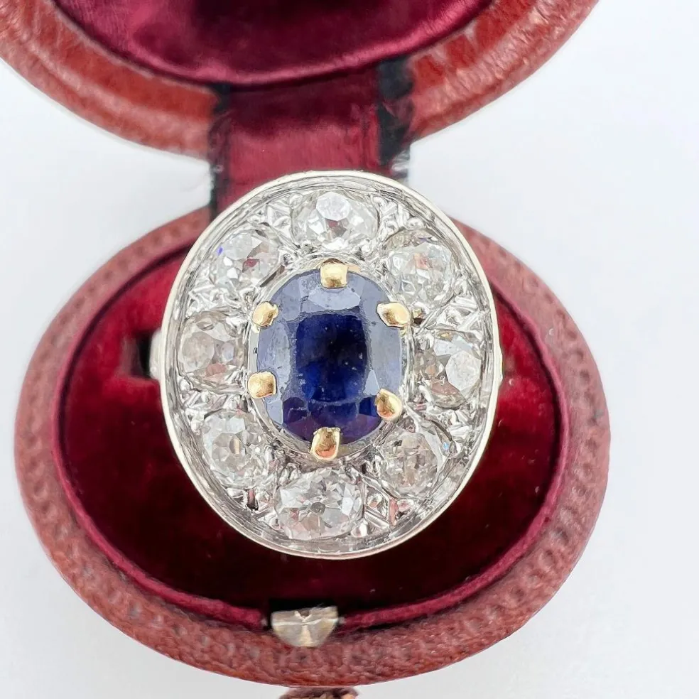 Bague Halo Vintage en Or jaune Saphir et Diamants