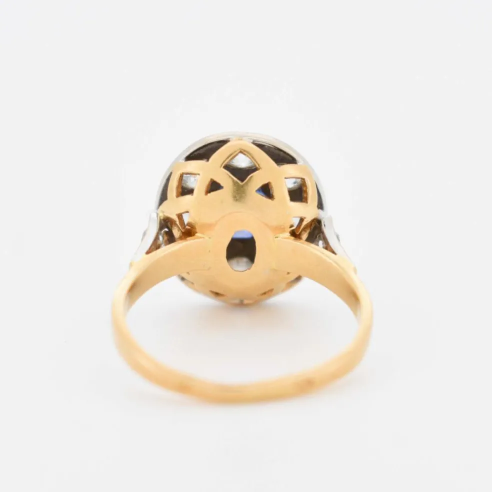 Bague Halo Vintage en Or jaune Saphir et Diamants