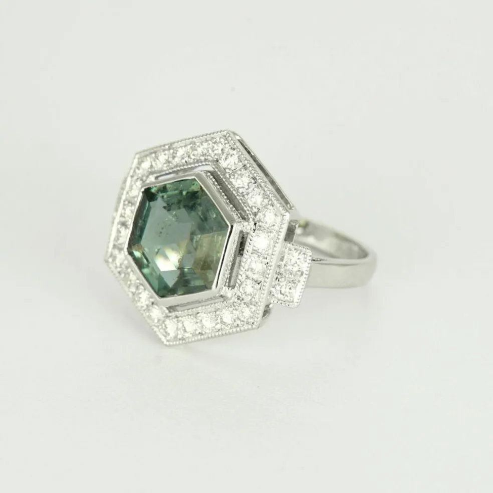 Bague hexagonale tourmaline diamants