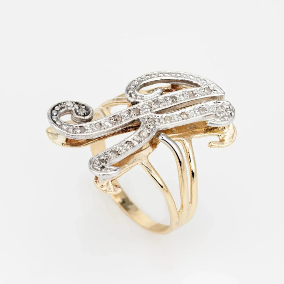 Bague initiale en diamant lettre K vintage en or jaune