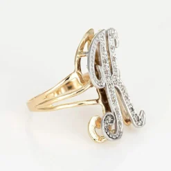 Bague initiale en diamant lettre K vintage en or jaune