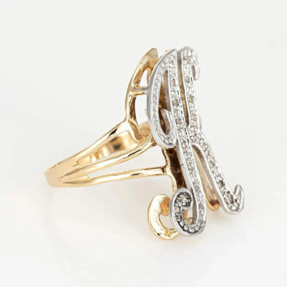 Bague initiale en diamant lettre K vintage en or jaune