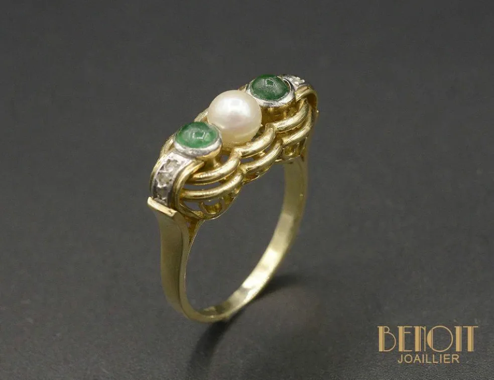 Bague Jarretière émeraudes perle