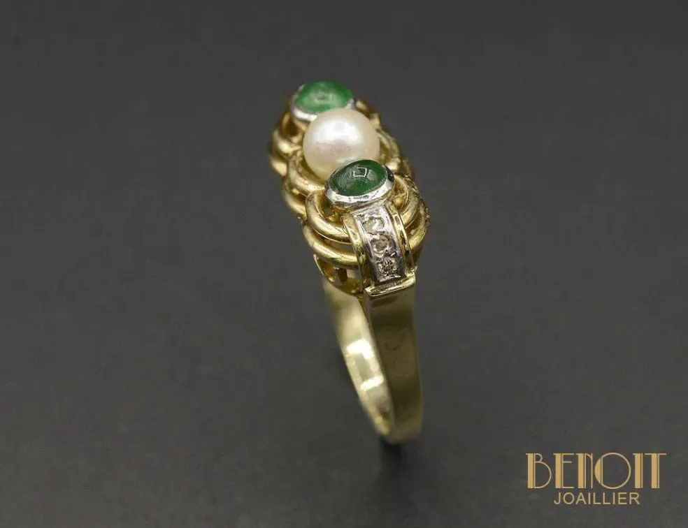 Bague Jarretière émeraudes perle