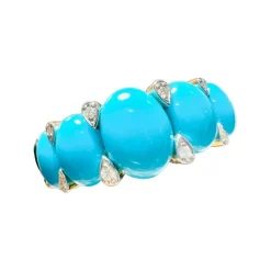 Bague Jarretière Or Jaune, Turquoises Cabochons & Diamants