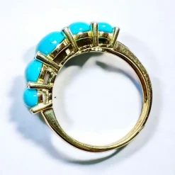 Bague Jarretière Or Jaune, Turquoises Cabochons & Diamants