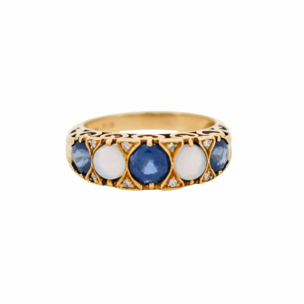 Bague Jarretière Vintage Or, Saphirs, Opales et Diamants