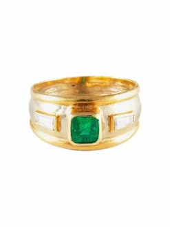 Bague Jonc 2 Ors Emeraude Diamants