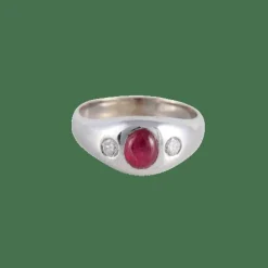 Bague Jonc anglais Rubis cabochon Diamants