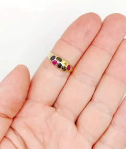 Bague jonc bombé vintage or jaune, spinelles multicolores