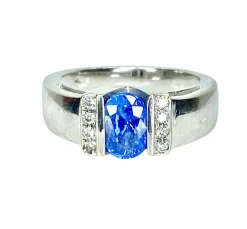 Bague jonc en or blanc 18 carats, saphir et diamants