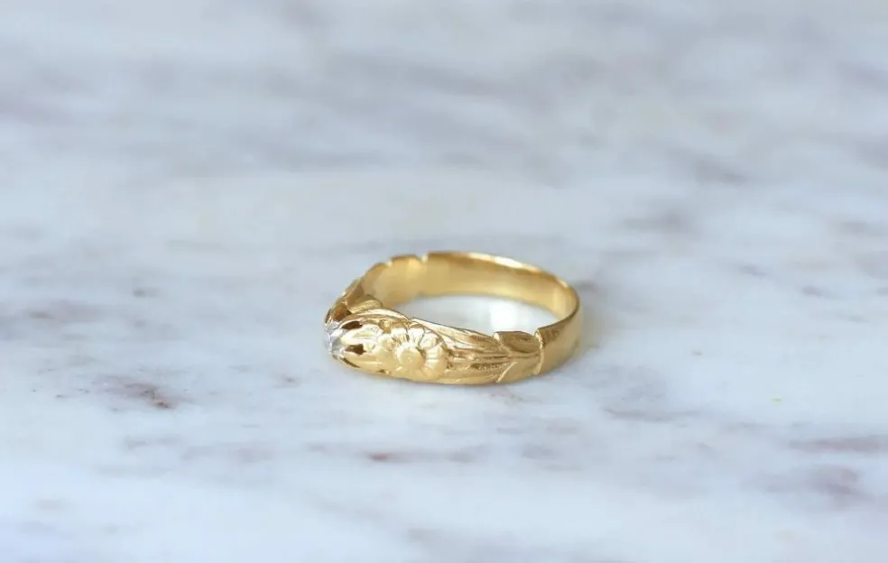Bague jonc fleur en Or jaune, diamant