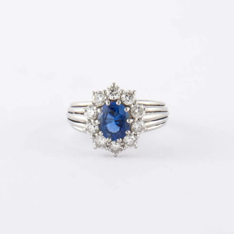 Bague Jonc Marguerite platine, saphir, diamants