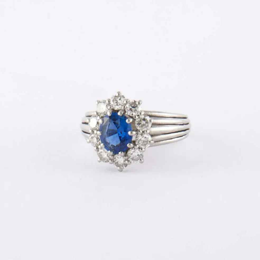 Bague Jonc Marguerite platine, saphir, diamants