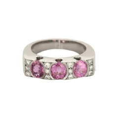 Bague jonc or blanc, saphirs roses et diamants