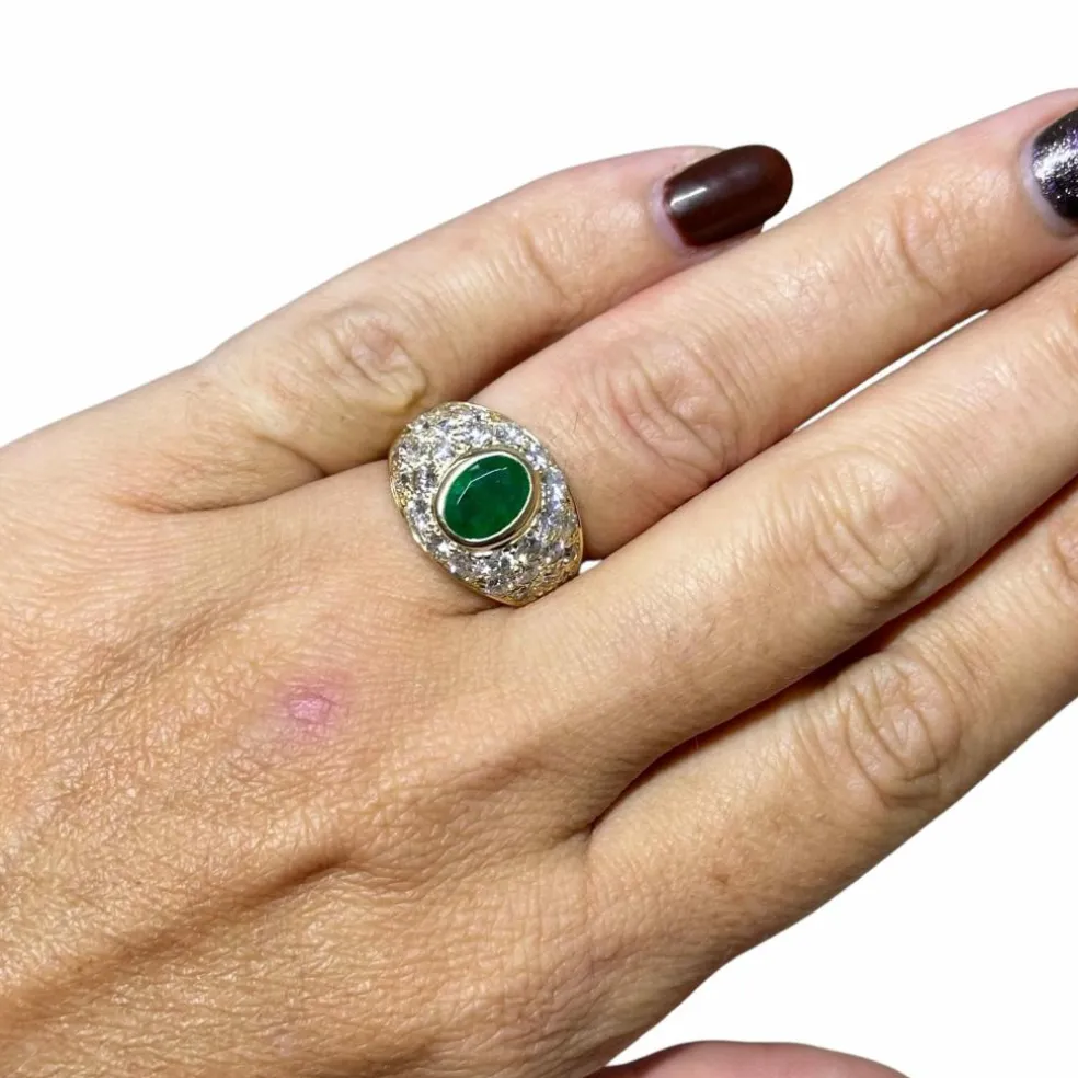 Bague jonc or jaune émeraudes diamants