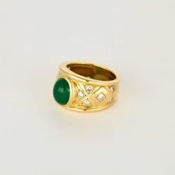 Bague jonc or jaune, émeraude et diamants