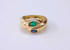 Bague jonc or jaune, émeraude et saphir