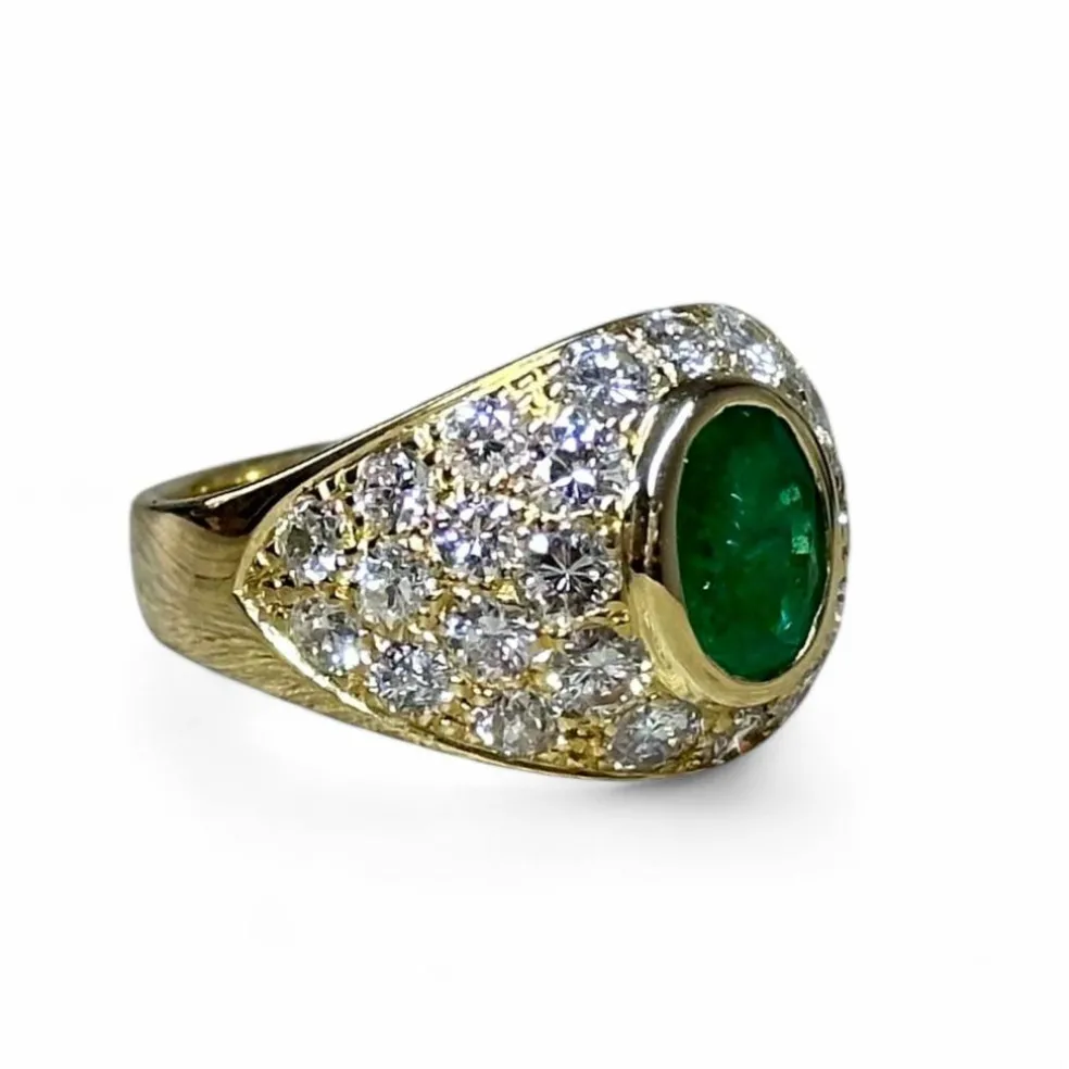 Bague jonc or jaune émeraudes diamants