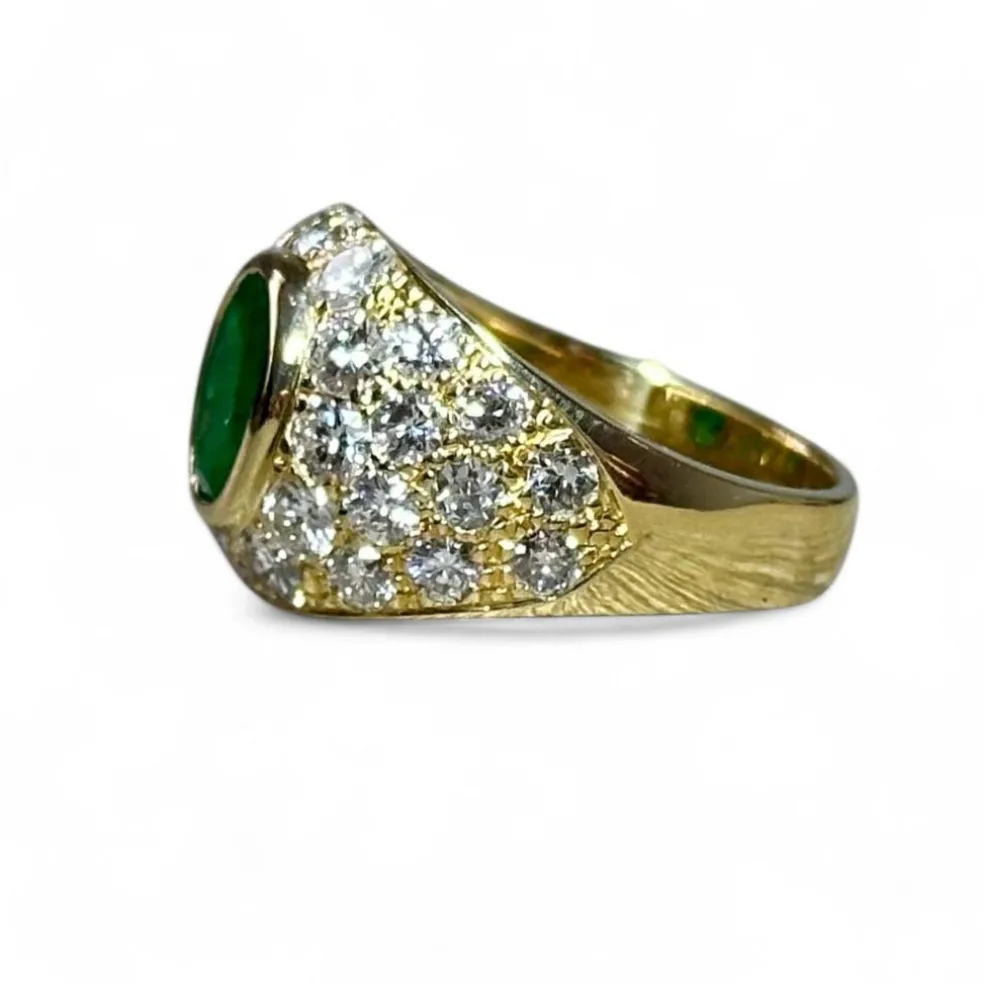 Bague jonc or jaune émeraudes diamants