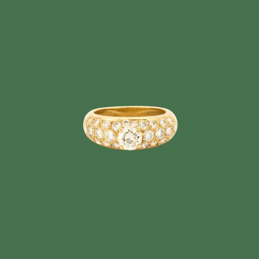 Bague jonc or jaune pavage diamants et diamant central