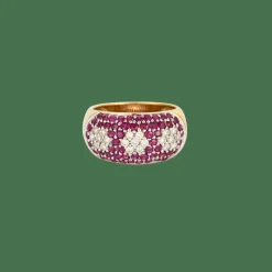 Bague jonc or jaune, rubis, diamants fleurs