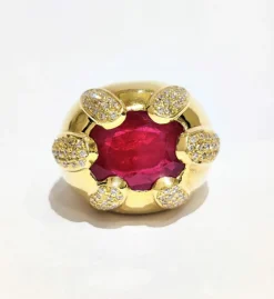 Bague jonc or jaune rubis et diamants