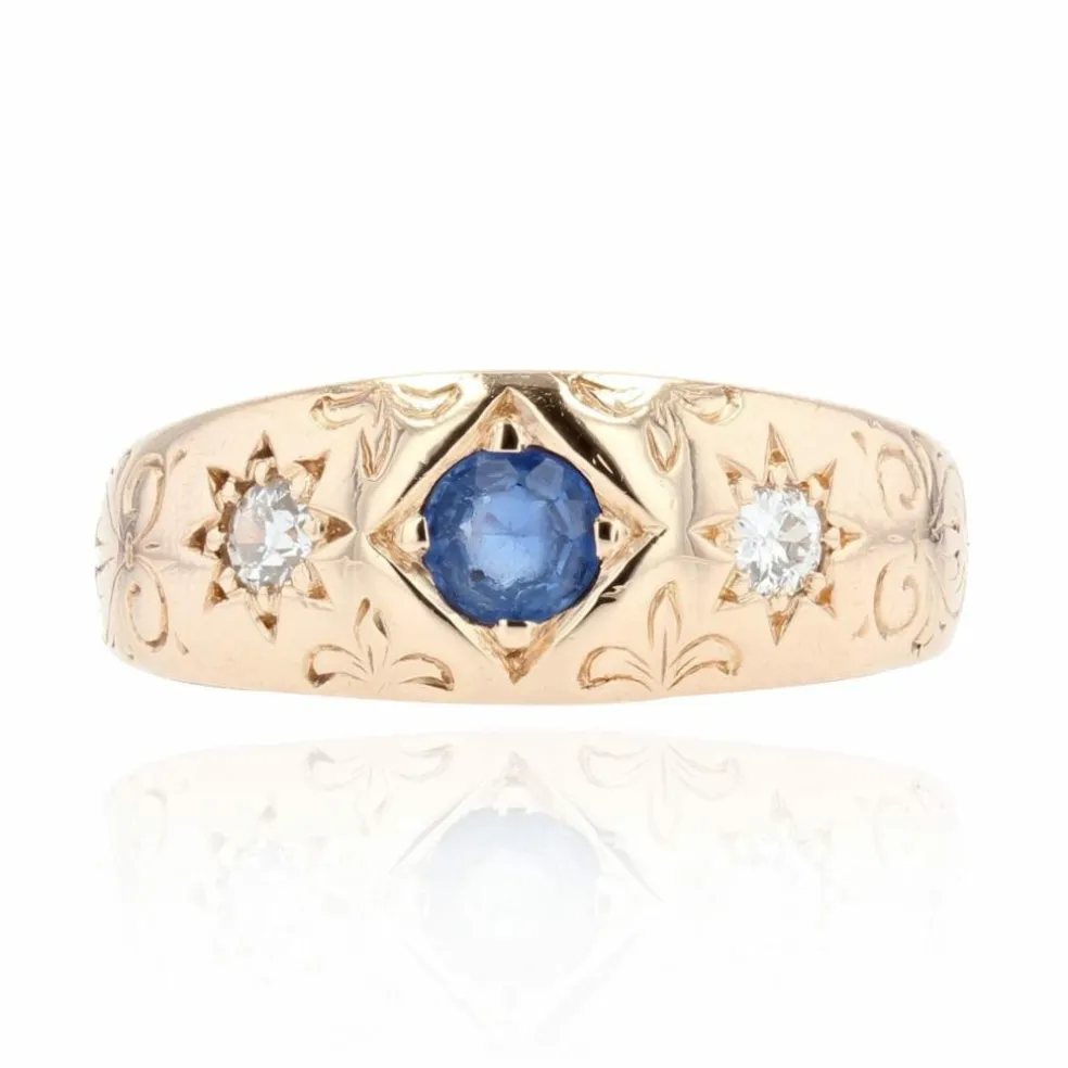 Bague jonc or rose saphir diamants